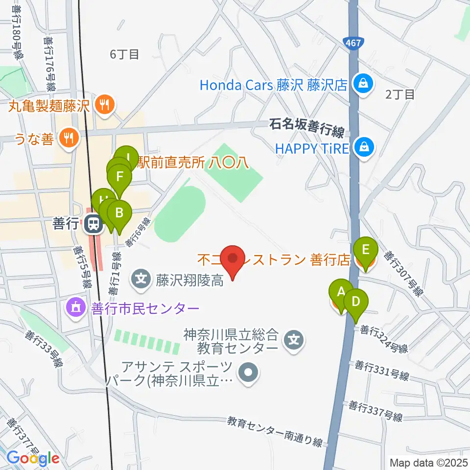 アサンテスポーツパーク陸上競技場周辺のファミレス・ファーストフード一覧地図