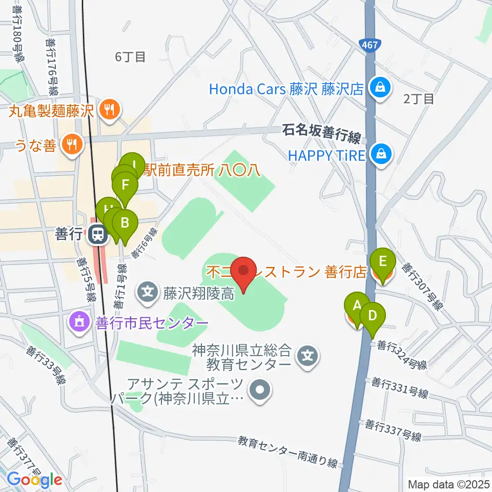 アサンテスポーツパーク陸上競技場周辺のファミレス・ファーストフード一覧地図