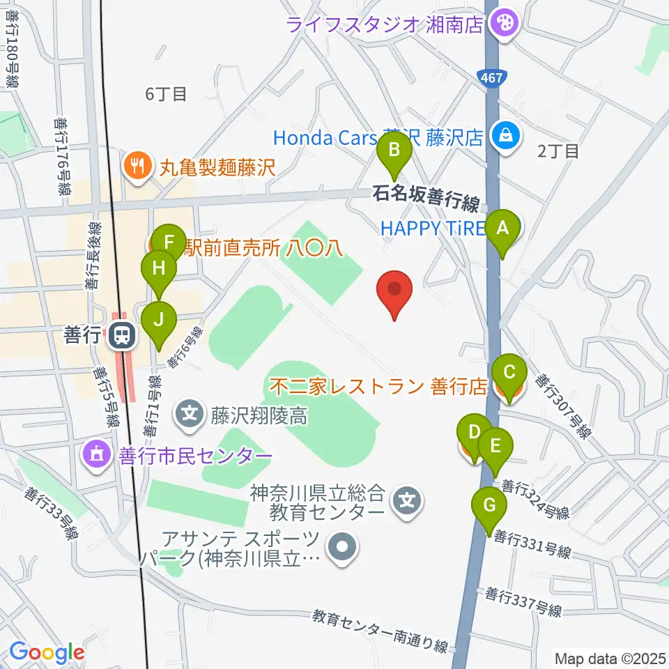 アサンテスポーツパーク球技場周辺のファミレス・ファーストフード一覧地図