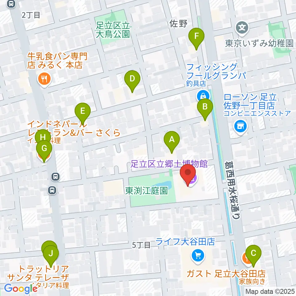 足立区立郷土博物館周辺のファミレス・ファーストフード一覧地図