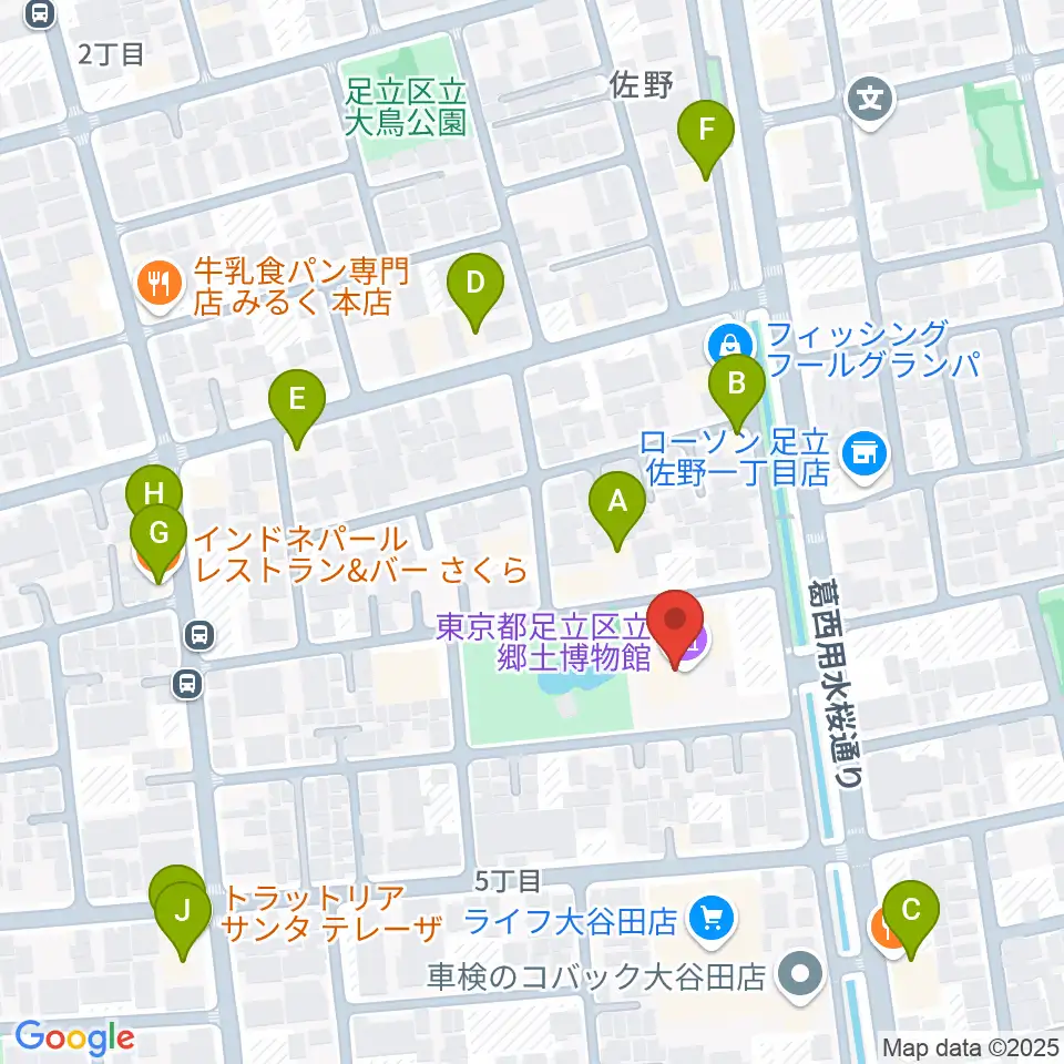 足立区立郷土博物館周辺のファミレス・ファーストフード一覧地図
