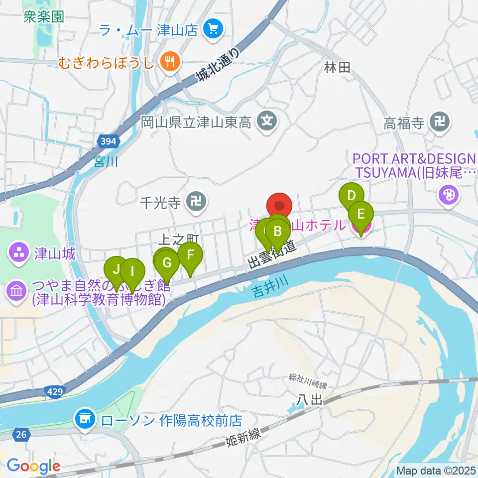 津山洋学資料館周辺のファミレス・ファーストフード一覧地図
