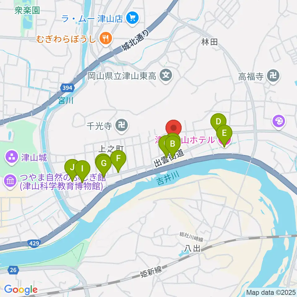 津山洋学資料館周辺のファミレス・ファーストフード一覧地図