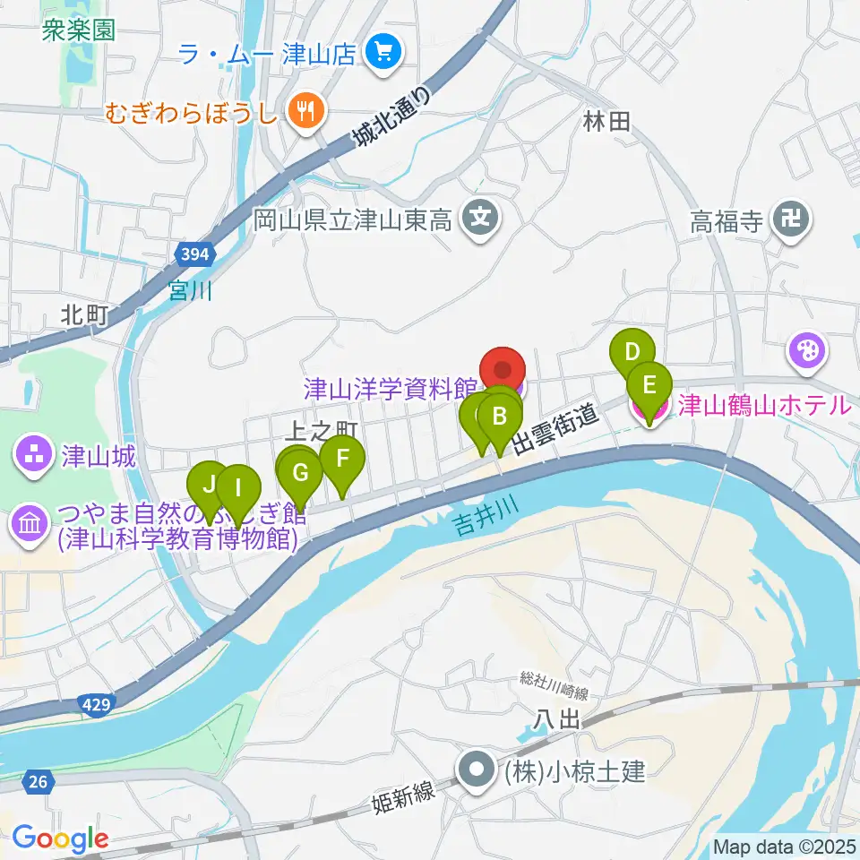 津山洋学資料館周辺のファミレス・ファーストフード一覧地図