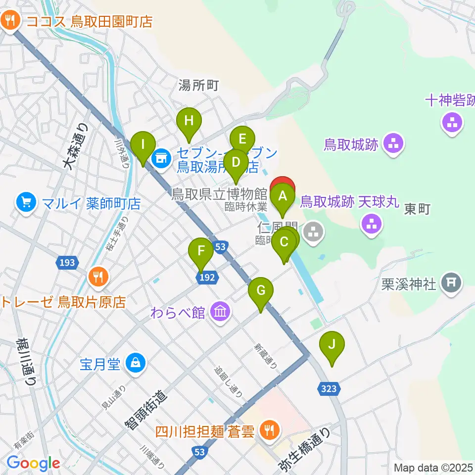 鳥取県立博物館周辺のファミレス・ファーストフード一覧地図