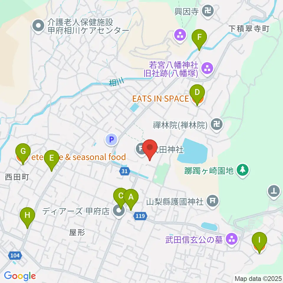 武田神社宝物殿周辺のファミレス・ファーストフード一覧地図