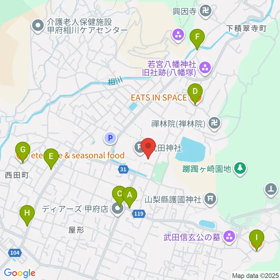 武田神社宝物殿周辺のファミレス・ファーストフード一覧地図