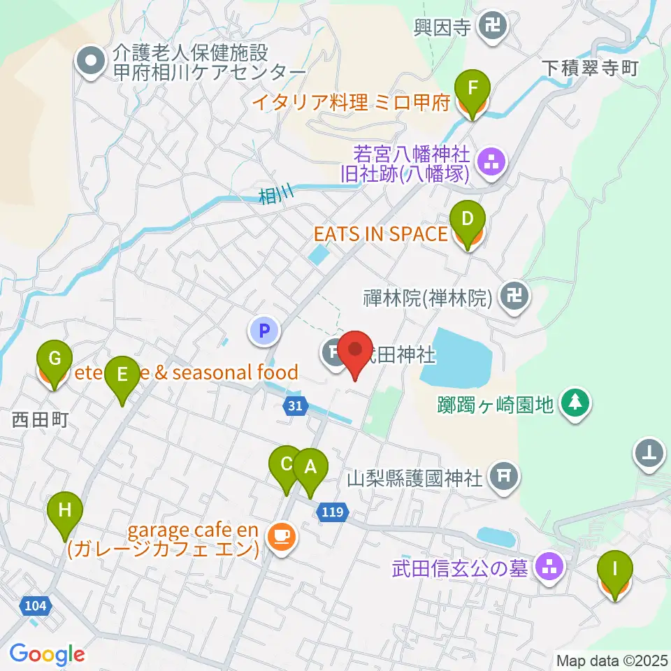 武田神社宝物殿周辺のファミレス・ファーストフード一覧地図