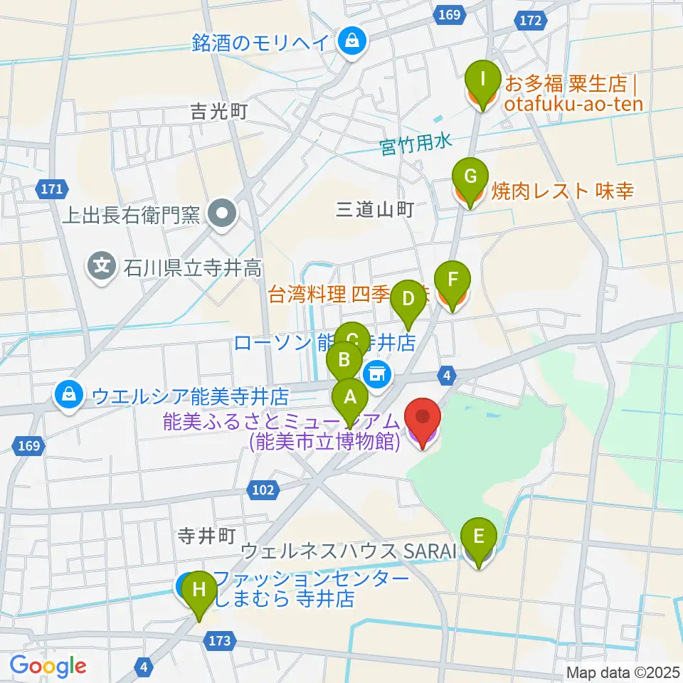 能美ふるさとミュージアム周辺のファミレス・ファーストフード一覧地図