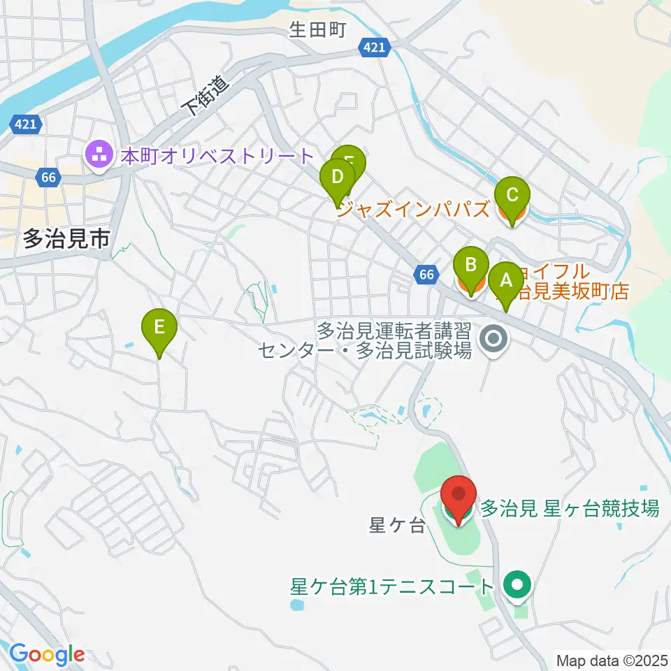 TYK競技場周辺のファミレス・ファーストフード一覧地図