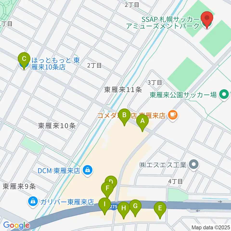 札幌サッカーアミューズメントパーク周辺のファミレス・ファーストフード一覧地図
