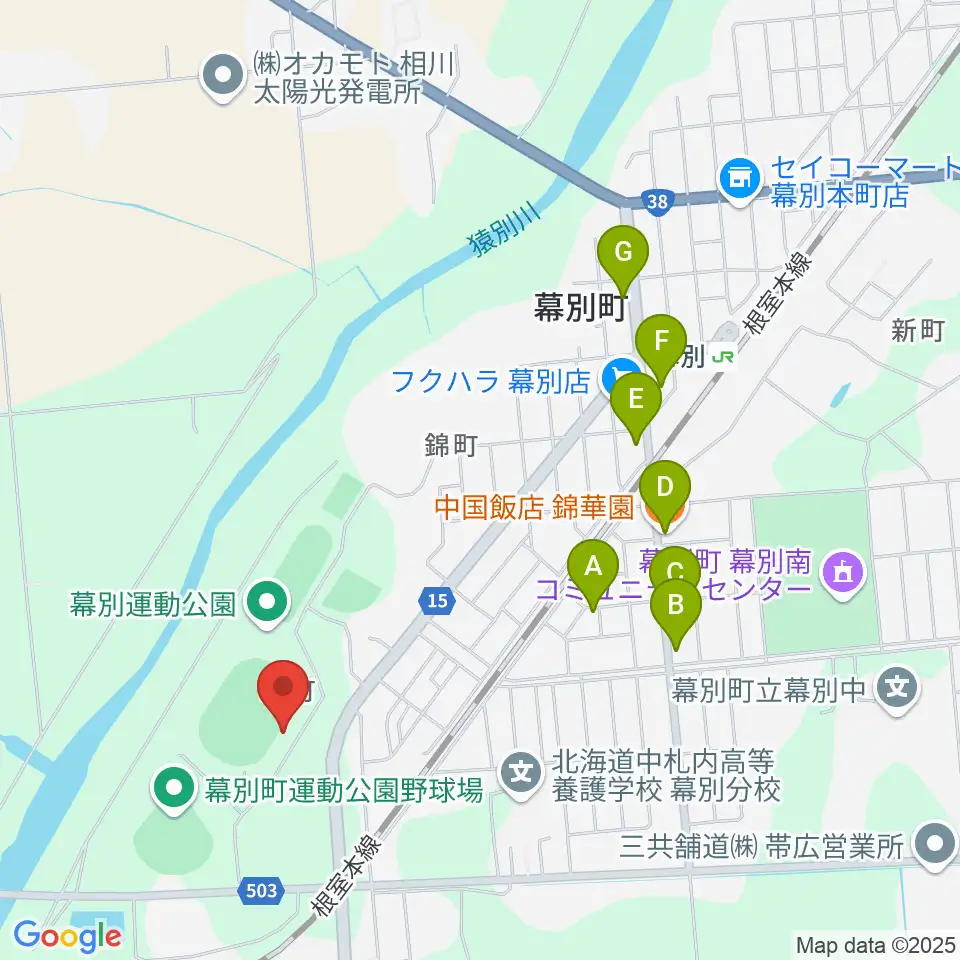 幕別町運動公園陸上競技場周辺のファミレス・ファーストフード一覧地図