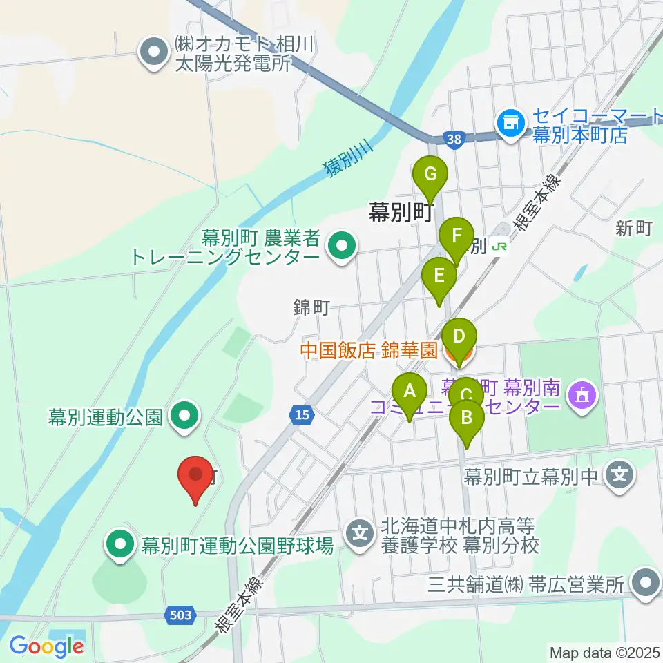 幕別町運動公園陸上競技場周辺のファミレス・ファーストフード一覧地図