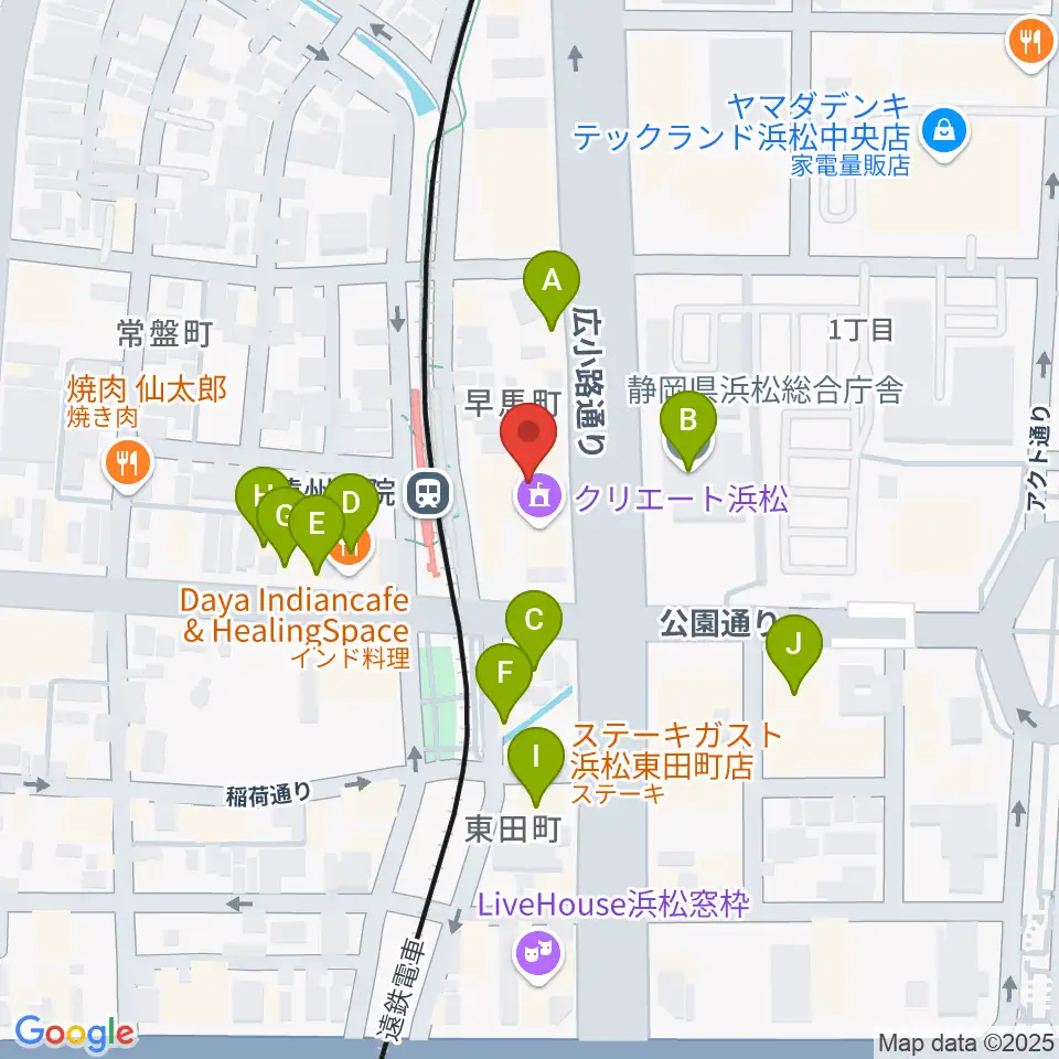 浜松文芸館周辺のファミレス・ファーストフード一覧地図