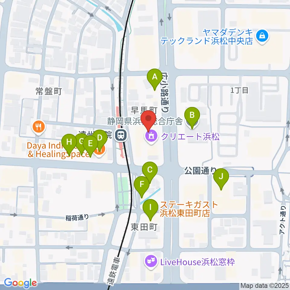 浜松文芸館周辺のファミレス・ファーストフード一覧地図