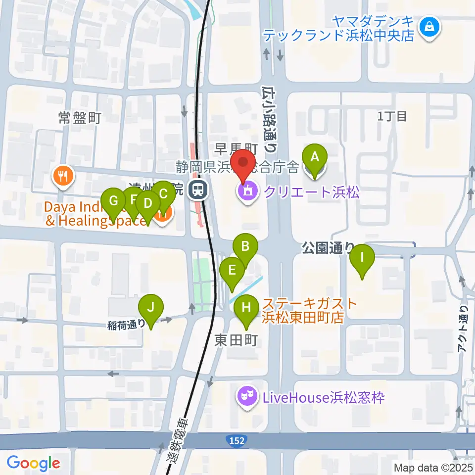 浜松文芸館周辺のファミレス・ファーストフード一覧地図