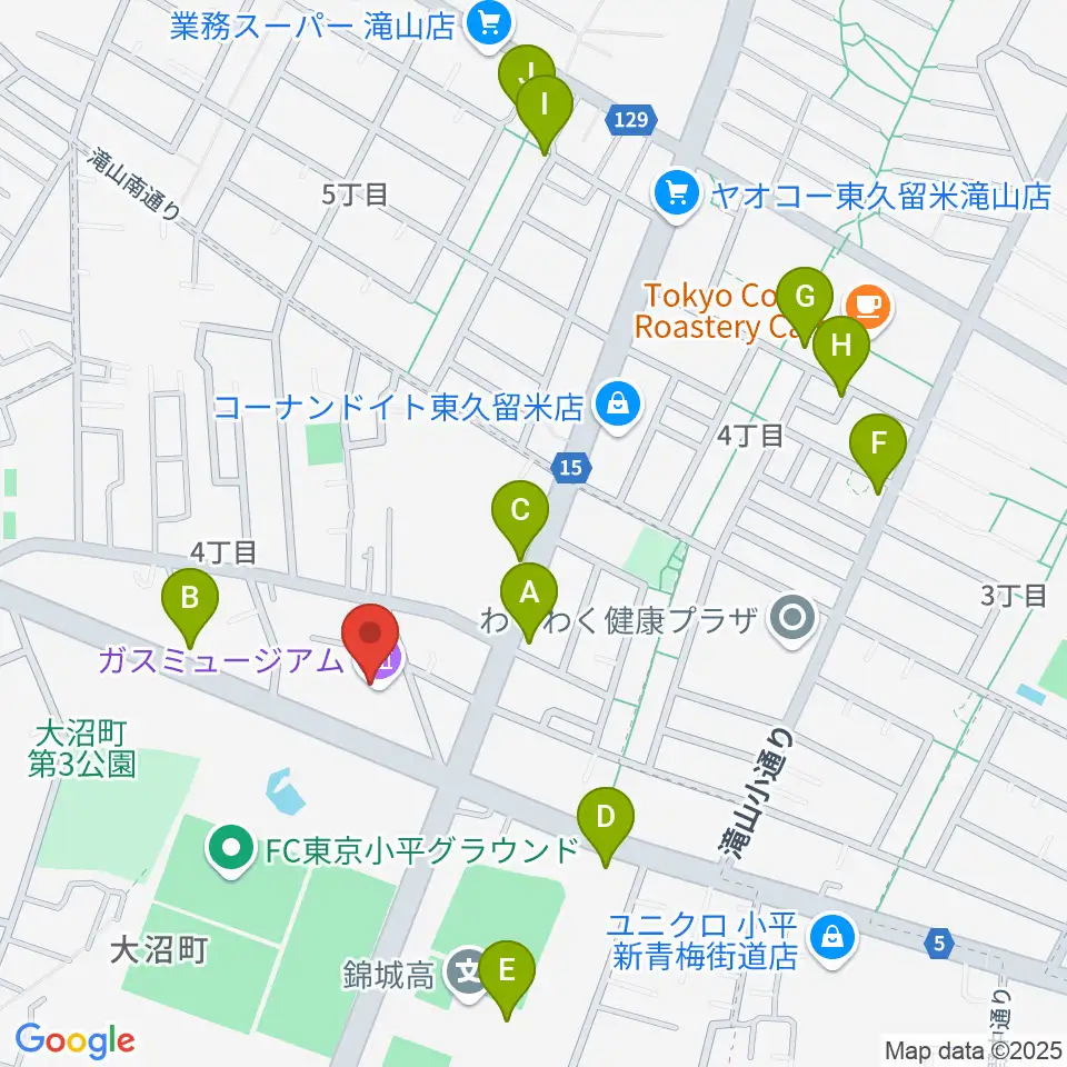 ガスミュージアム周辺のファミレス・ファーストフード一覧地図