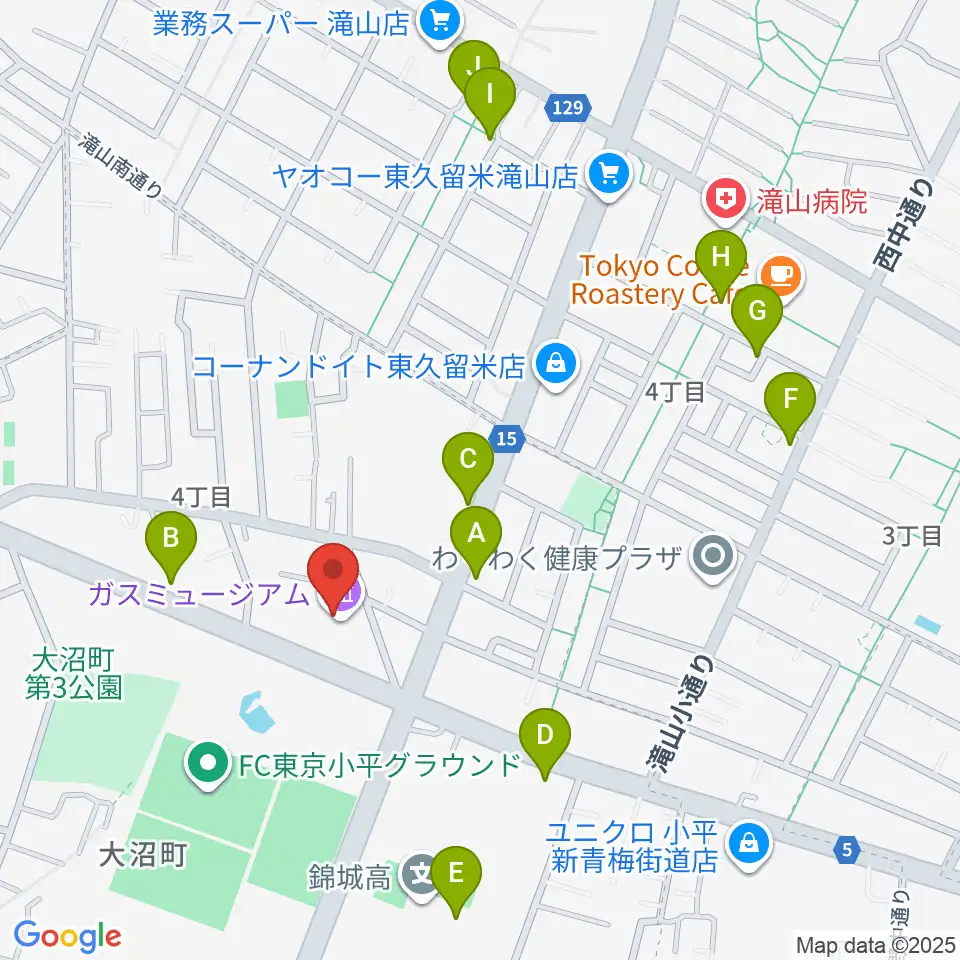 ガスミュージアム周辺のファミレス・ファーストフード一覧地図