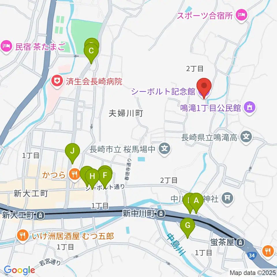 シーボルト記念館周辺のファミレス・ファーストフード一覧地図