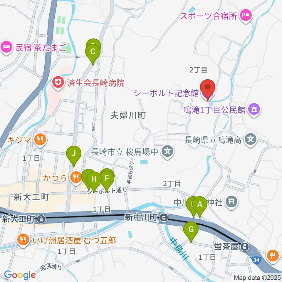 シーボルト記念館周辺のファミレス・ファーストフード一覧地図