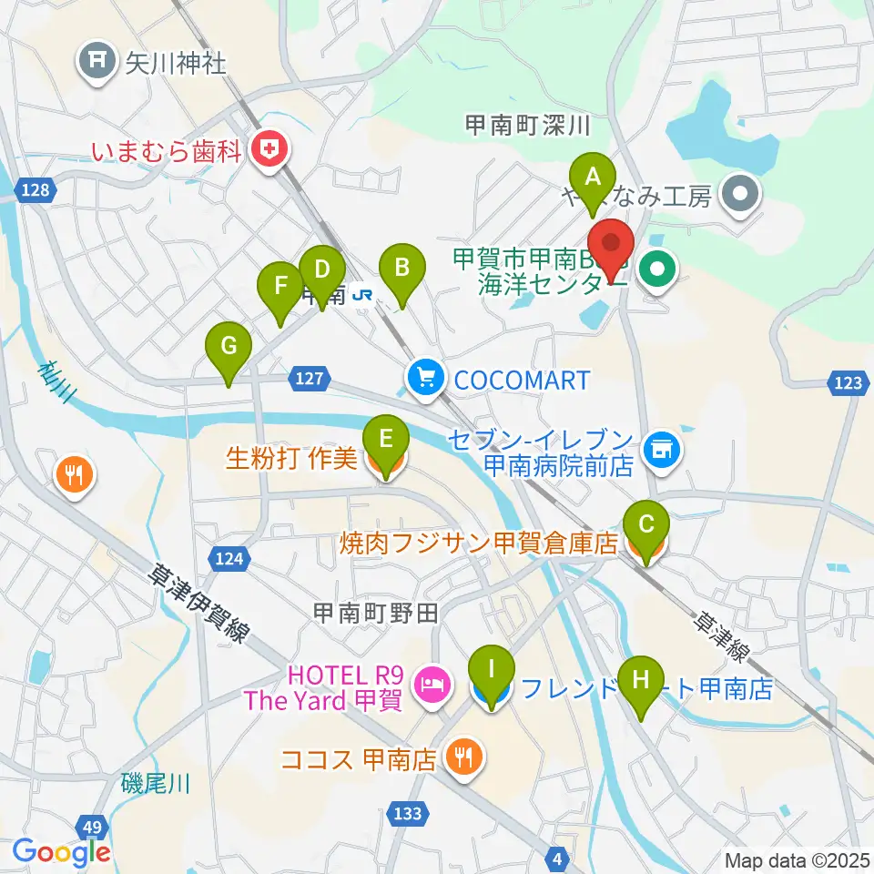 甲賀市甲南ふれあいの館周辺のファミレス・ファーストフード一覧地図