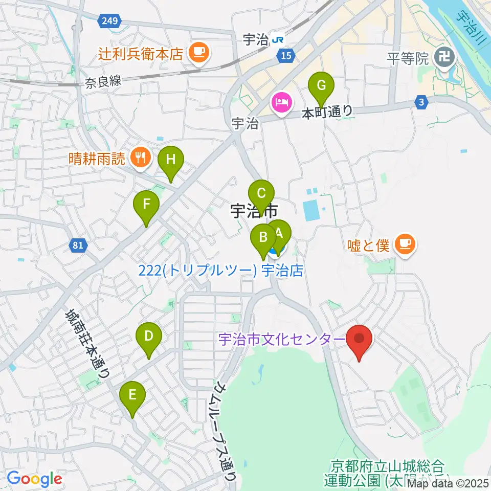 宇治市歴史資料館周辺のファミレス・ファーストフード一覧地図