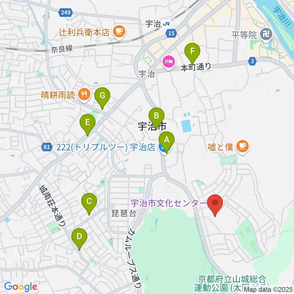 宇治市歴史資料館周辺のファミレス・ファーストフード一覧地図