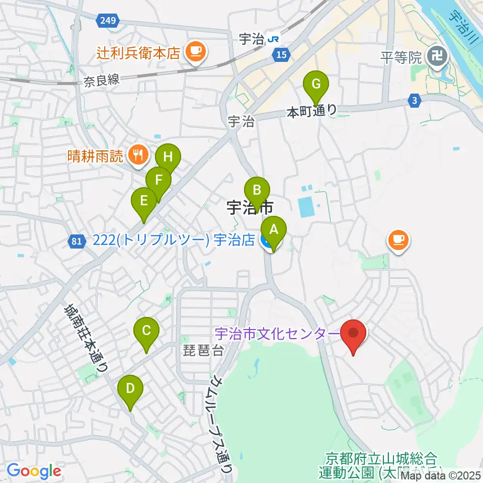 宇治市歴史資料館周辺のファミレス・ファーストフード一覧地図