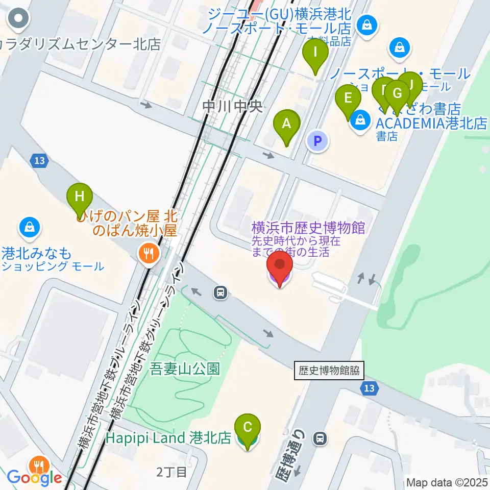 横浜市歴史博物館周辺のファミレス・ファーストフード一覧地図