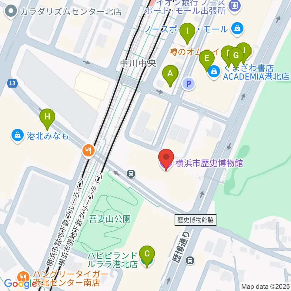 横浜市歴史博物館周辺のファミレス・ファーストフード一覧地図