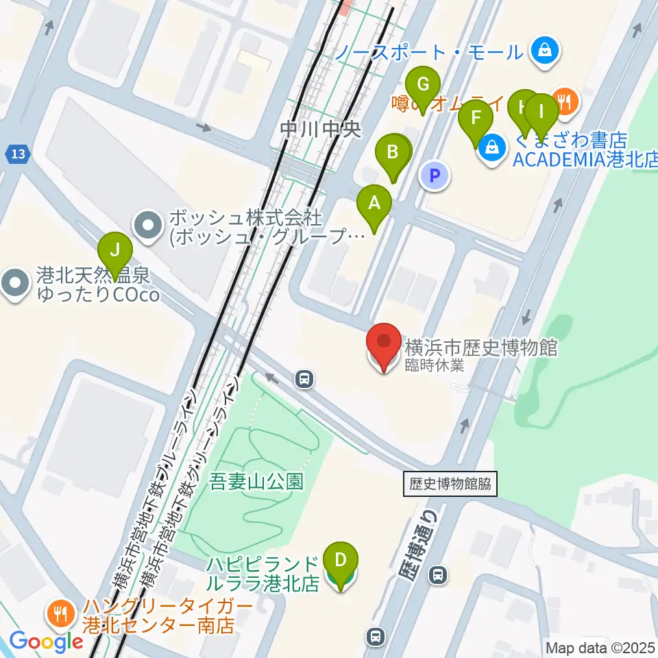 横浜市歴史博物館周辺のファミレス・ファーストフード一覧地図