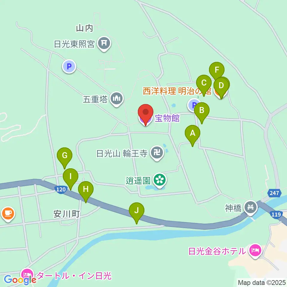 日光山輪王寺宝物殿周辺のファミレス・ファーストフード一覧地図