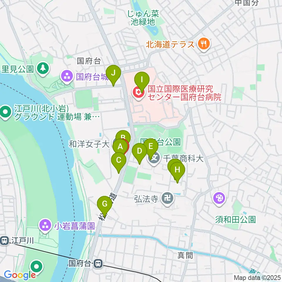 和洋女子大学文化資料館周辺のファミレス・ファーストフード一覧地図