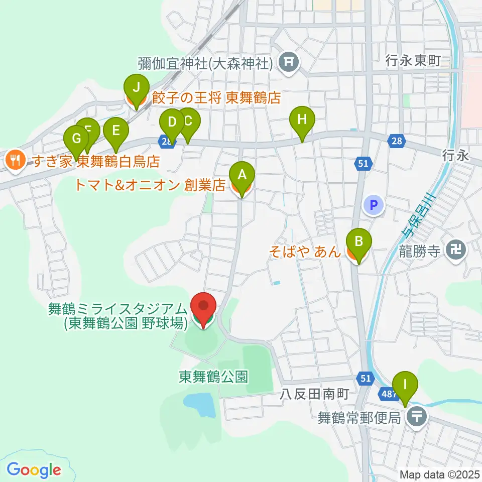 舞鶴ミライスタジアム周辺のファミレス・ファーストフード一覧地図