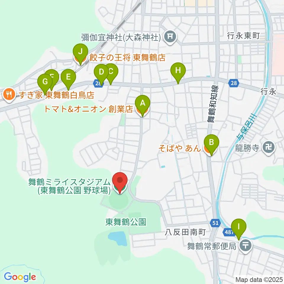 舞鶴ミライスタジアム周辺のファミレス・ファーストフード一覧地図