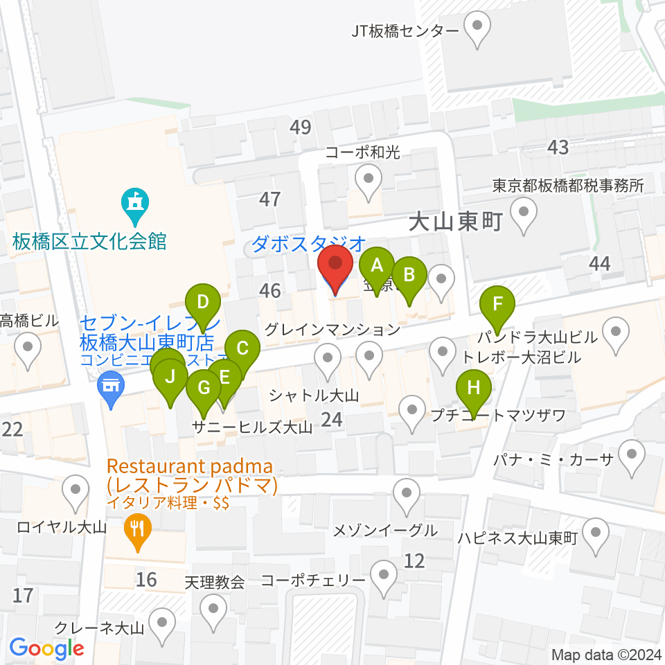 ダボスタジオ周辺のファミレス・ファーストフード一覧地図