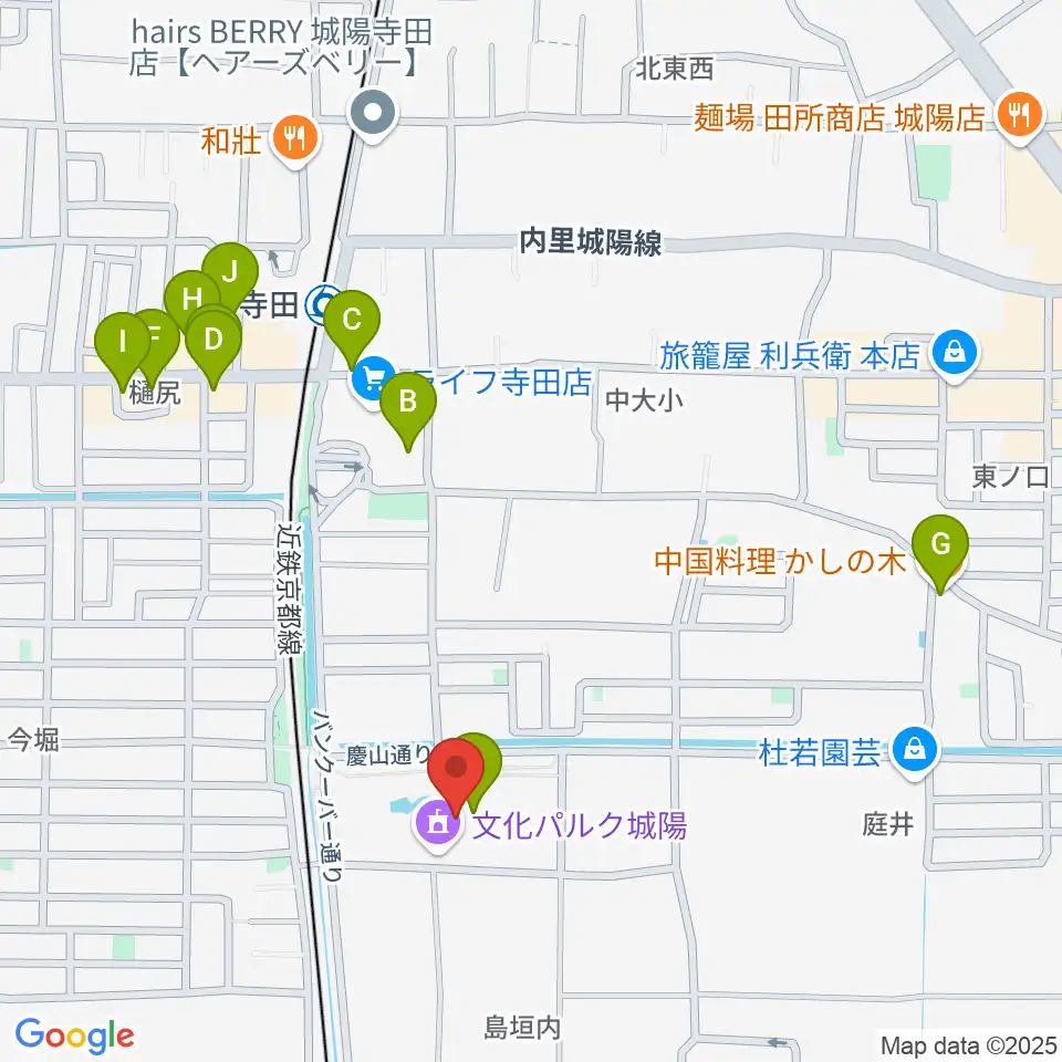 城陽市歴史民俗資料館周辺のファミレス・ファーストフード一覧地図