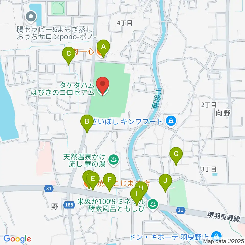 タケダハムはびきのコロセアム周辺のファミレス・ファーストフード一覧地図