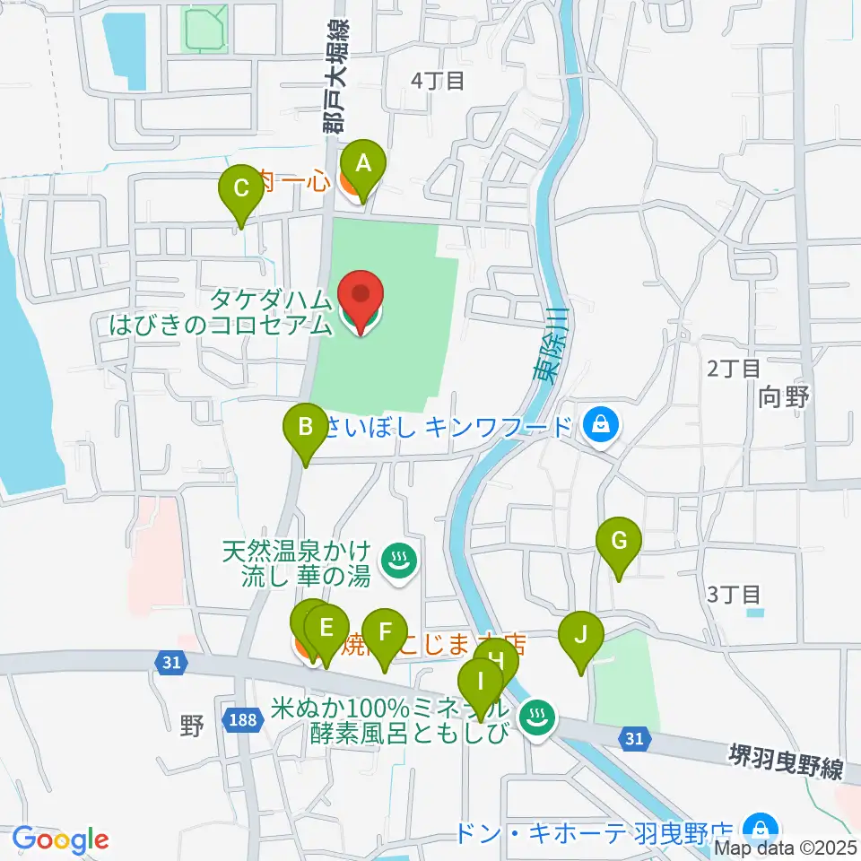 タケダハムはびきのコロセアム周辺のファミレス・ファーストフード一覧地図