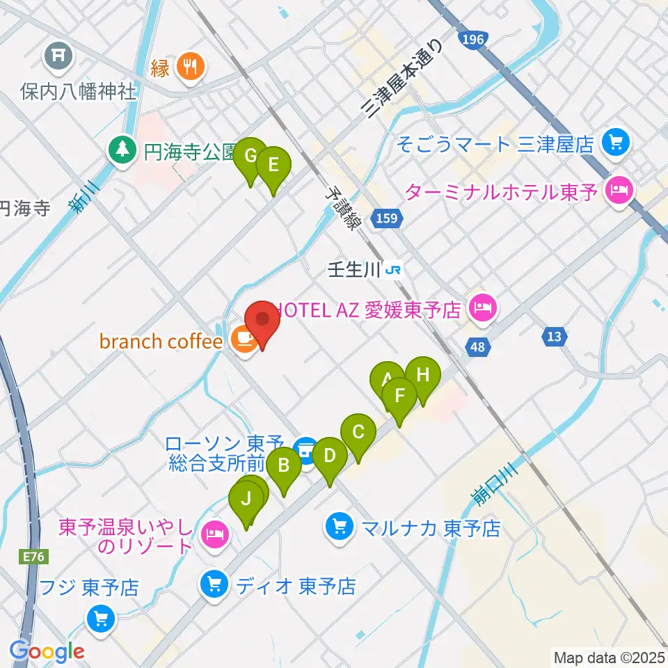 西条市立東予郷土館周辺のファミレス・ファーストフード一覧地図