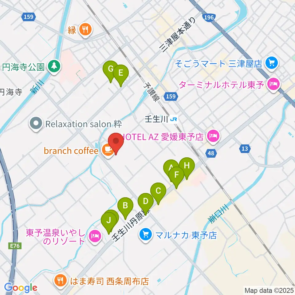 西条市立東予郷土館周辺のファミレス・ファーストフード一覧地図