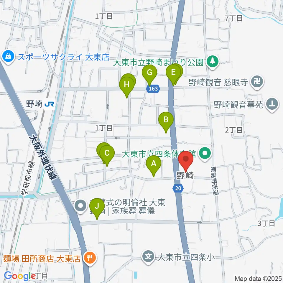大東市立歴史民俗資料館周辺のファミレス・ファーストフード一覧地図
