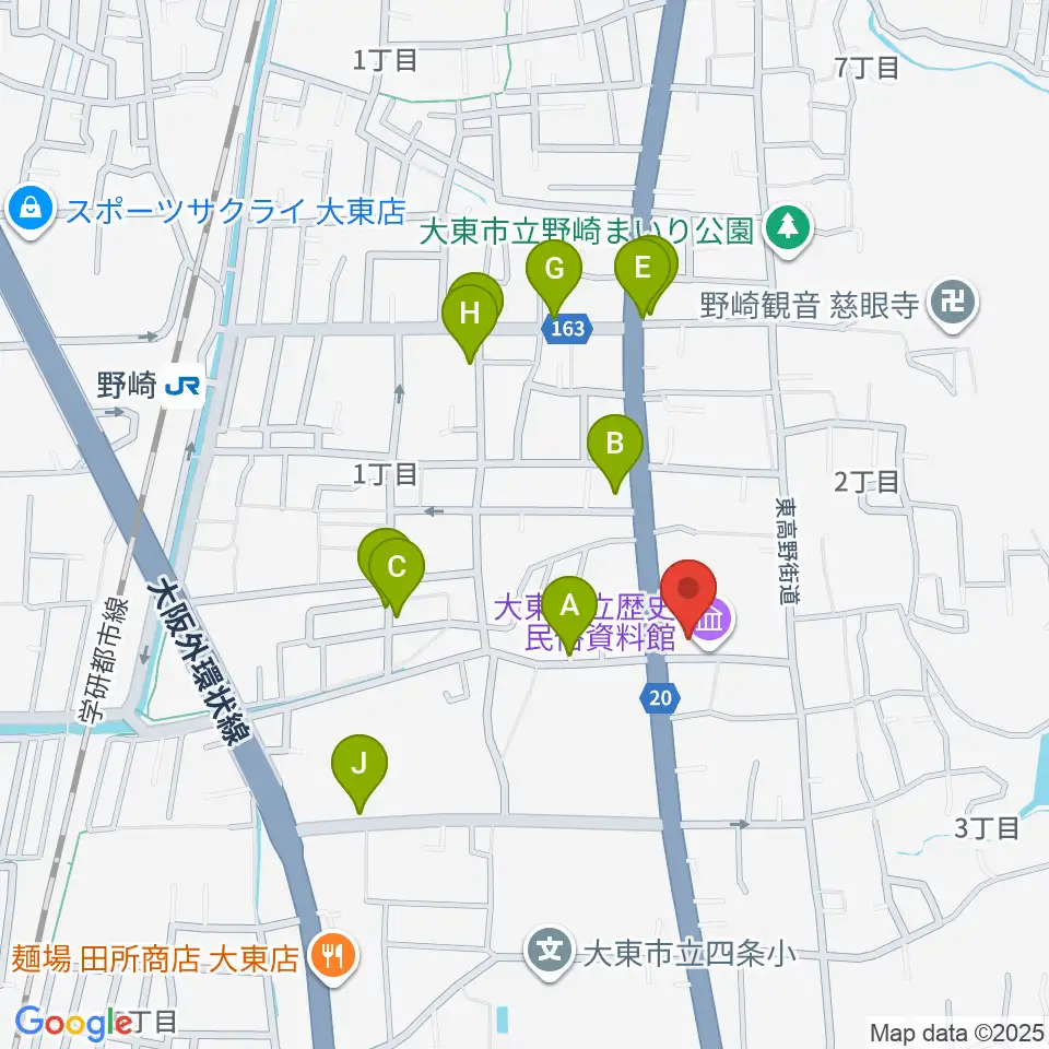 大東市立歴史民俗資料館周辺のファミレス・ファーストフード一覧地図