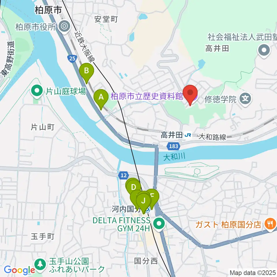 柏原市立歴史資料館周辺のファミレス・ファーストフード一覧地図