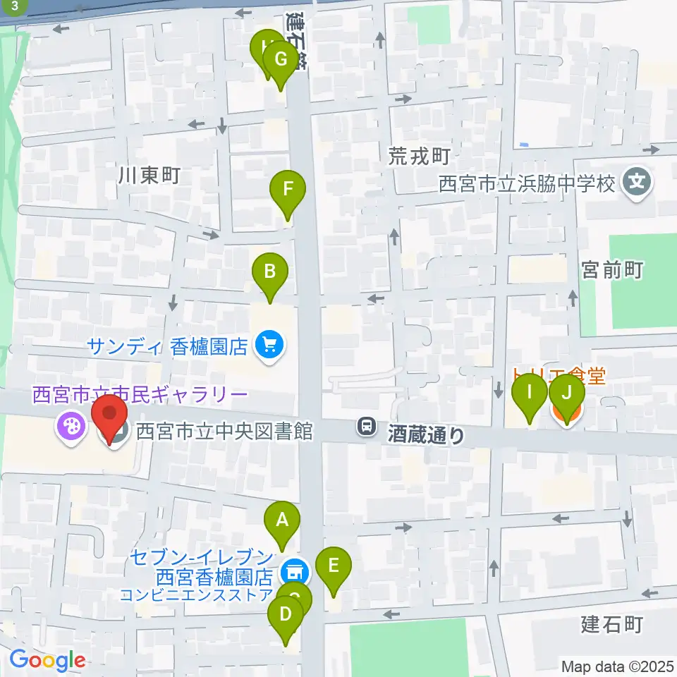 西宮市立郷土資料館周辺のファミレス・ファーストフード一覧地図
