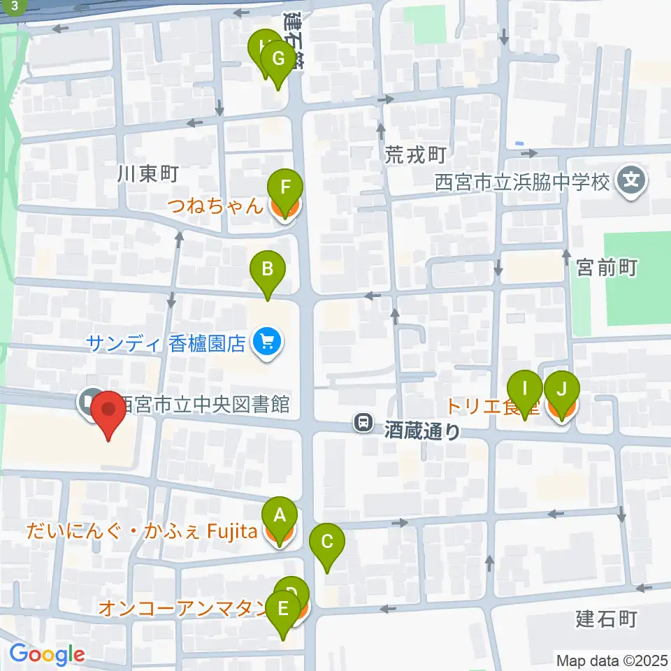 西宮市立郷土資料館周辺のファミレス・ファーストフード一覧地図
