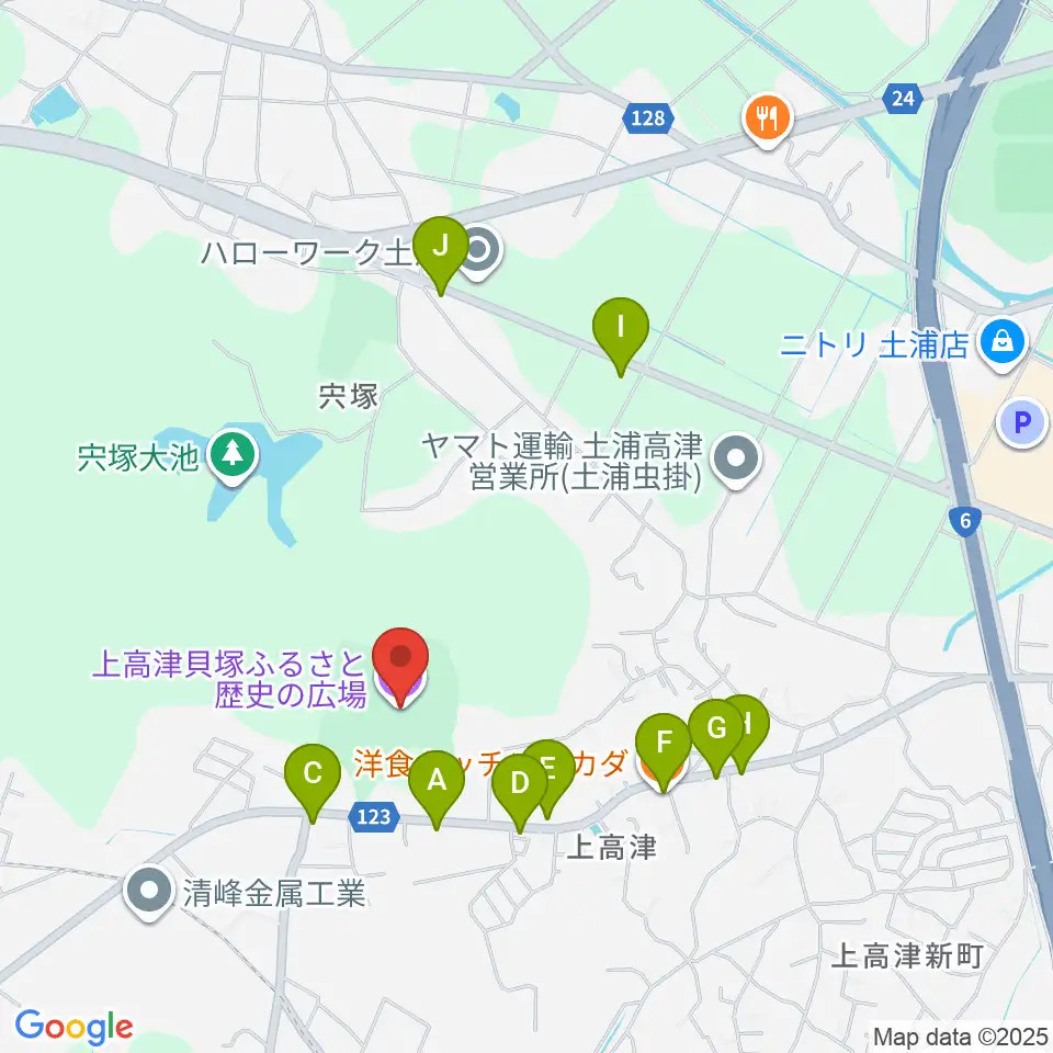 高津貝塚ふるさと歴史の広場周辺のファミレス・ファーストフード一覧地図