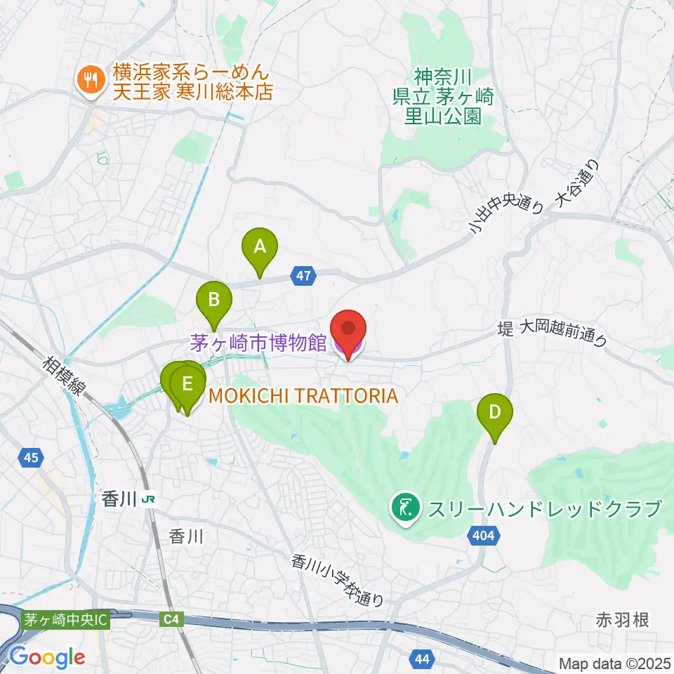 茅ヶ崎市博物館周辺のファミレス・ファーストフード一覧地図