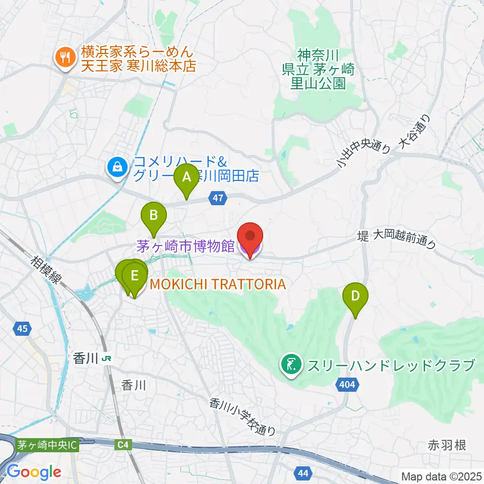 茅ヶ崎市博物館周辺のファミレス・ファーストフード一覧地図