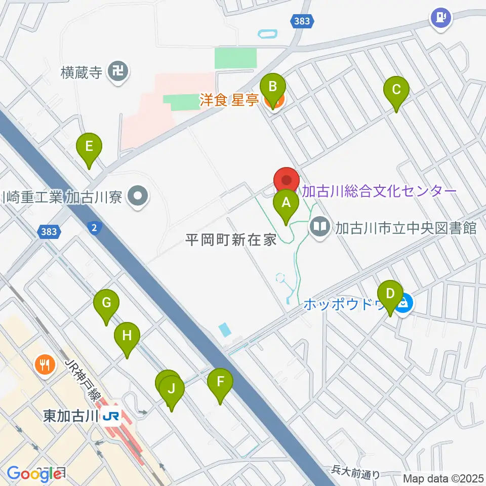 加古川総合文化センター周辺のファミレス・ファーストフード一覧地図